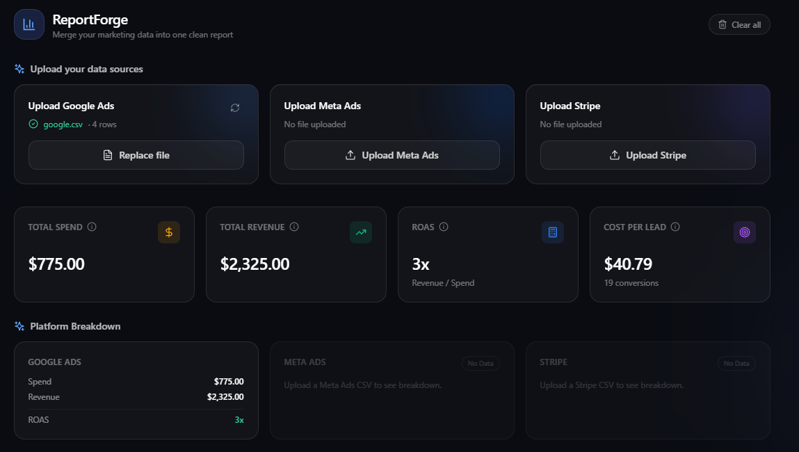 ReportForge – Unified Marketing Reports in 5 Seconds